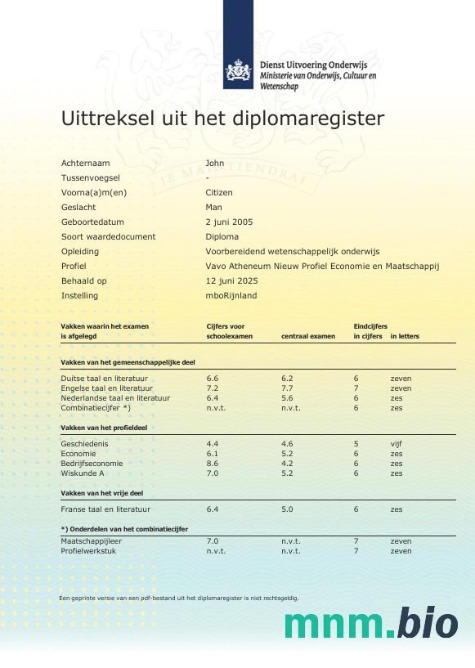Szablon wyciągu z rejestru dyplomów MboRijnland (Holandia) w formatach Word i PDF